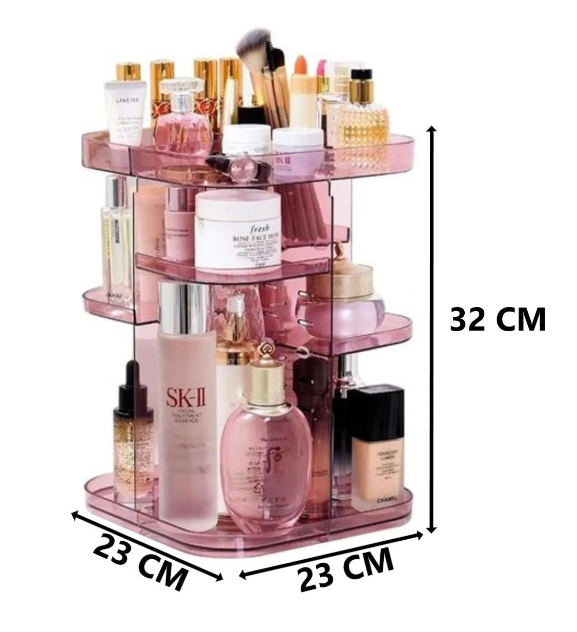 360 Rotating Makeup Organizer, Large Capacity, Adjustable Trays, Pink