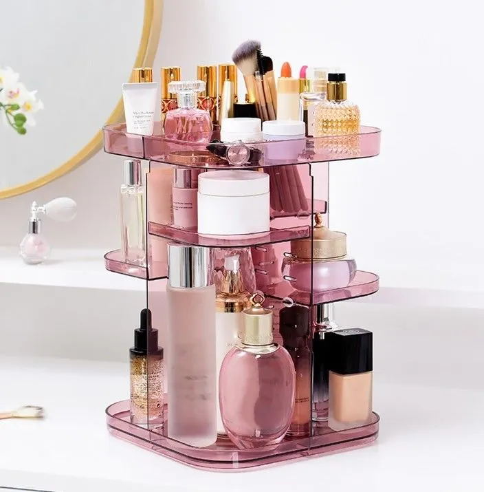 360 Rotating Makeup Organizer, Large Capacity, Adjustable Trays, Pink