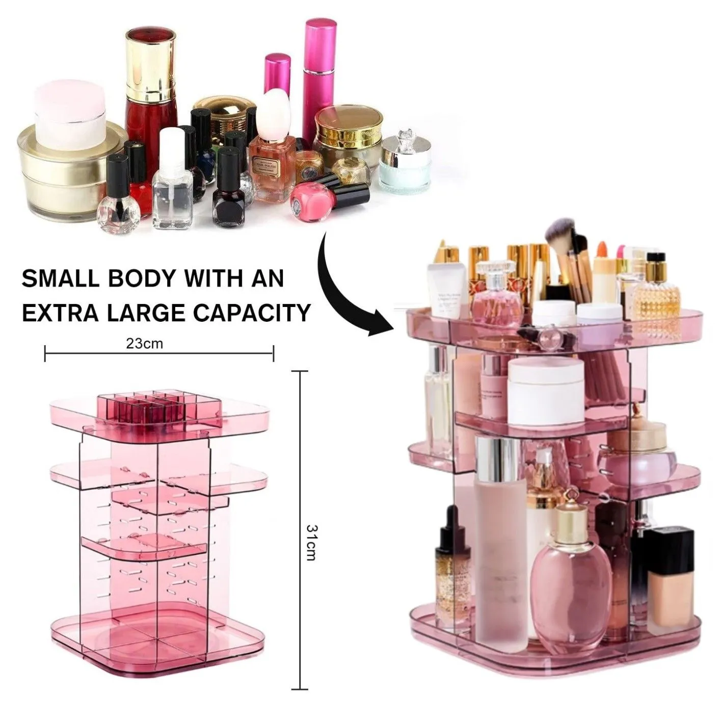 360 Rotating Makeup Organizer, Large Capacity, Adjustable Trays, Pink