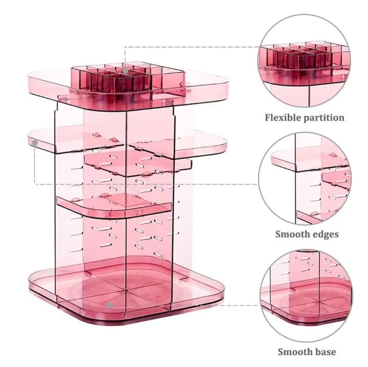 360 Rotating Makeup Organizer, Large Capacity, Adjustable Trays, Pink