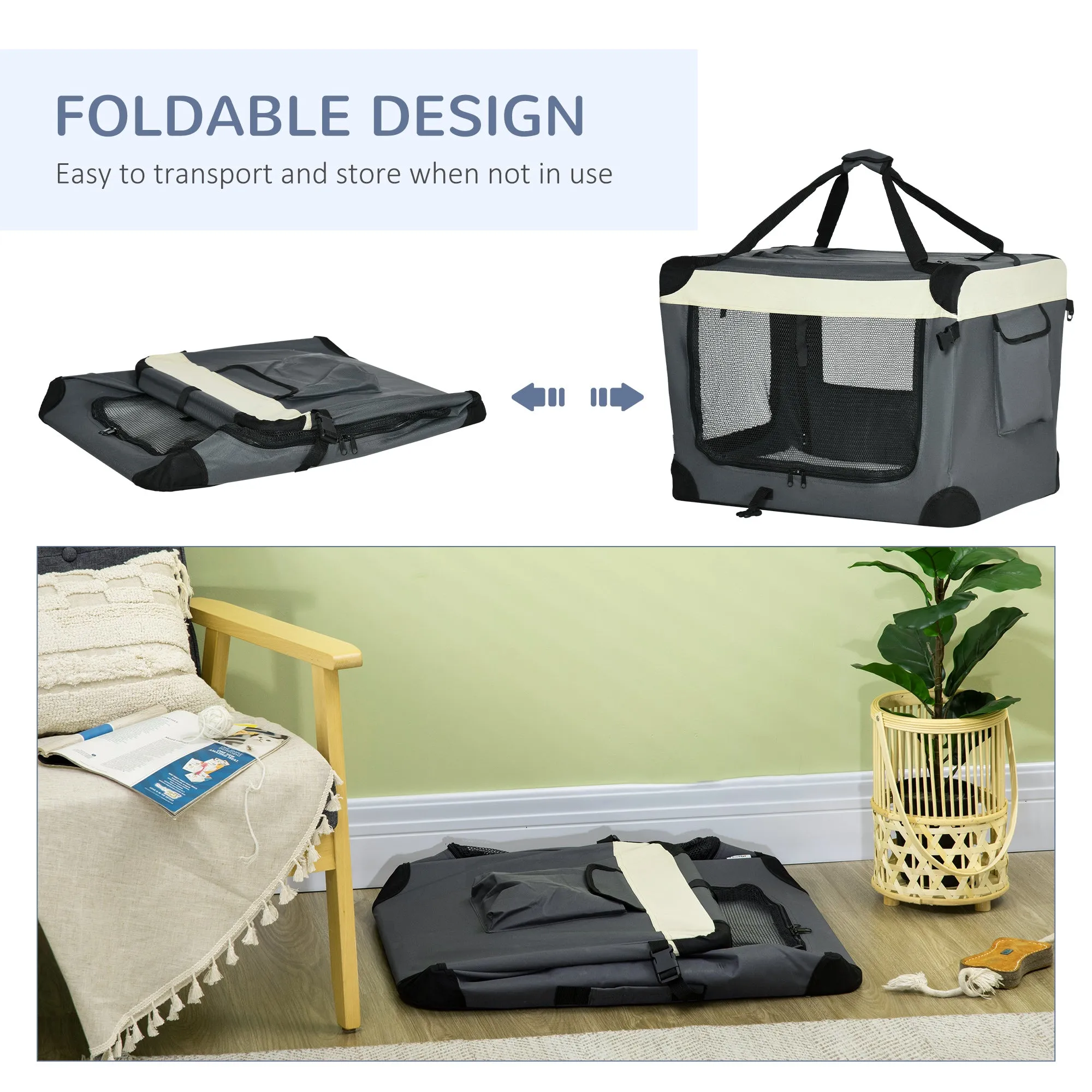 70cm Pet Carrier, Foldable Dog Bag, Portable Cat Carrier, Pet Travel Bag with Cushion for Miniature and Small Dogs, Grey