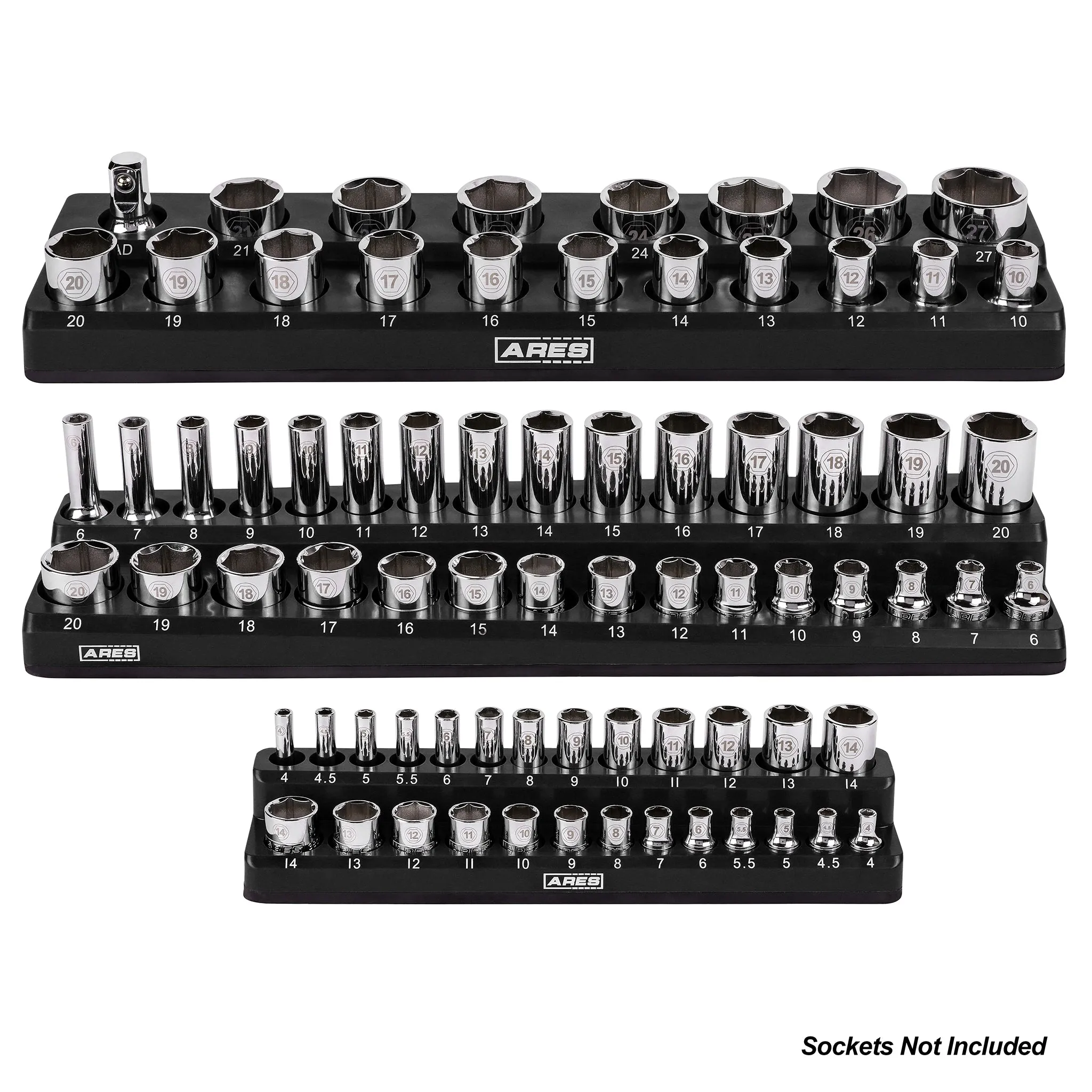 ARES 60034 - 3-Pack Black Metric Magnetic Socket Organizer Set