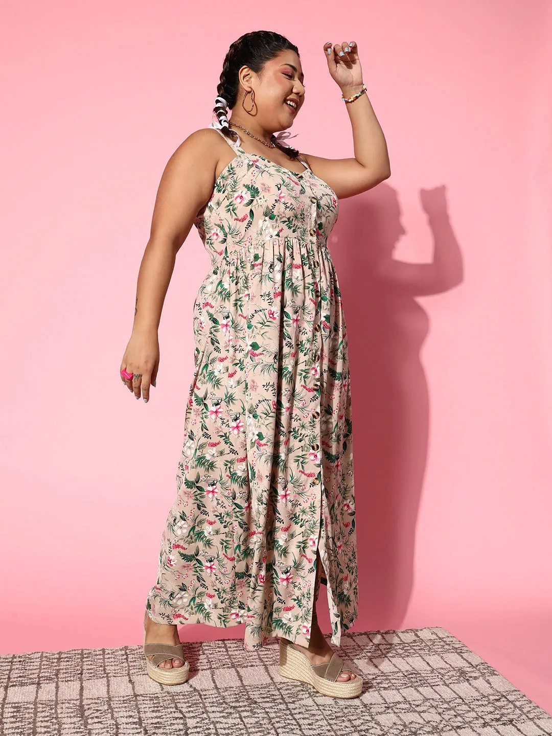 Berrylush Women Plus Size Pink & Green Floral Printed V-Neck Front Button-Up Flared Maxi Dress