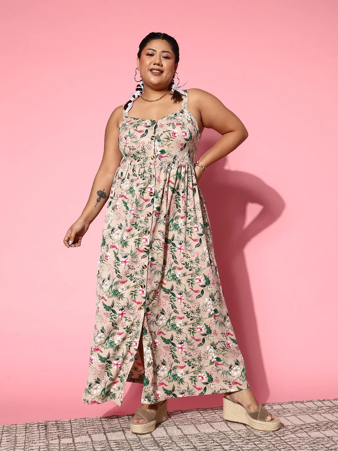 Berrylush Women Plus Size Pink & Green Floral Printed V-Neck Front Button-Up Flared Maxi Dress