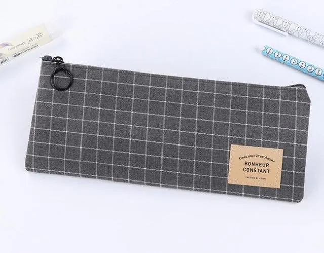 Brief Style Grid & Stripes Canvas Pencil Bag Stationery Storage Organizer Case School Supply Promotional Gift Stationery