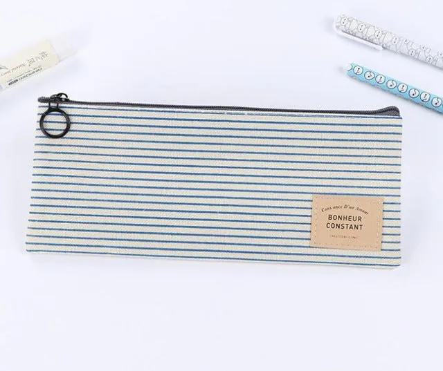 Brief Style Grid & Stripes Canvas Pencil Bag Stationery Storage Organizer Case School Supply Promotional Gift Stationery