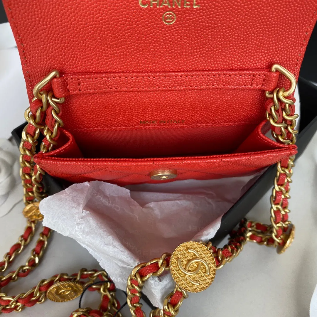 CHL Clutch With Chain Gold Hardware Grained Shinny Red For Women, Women&#8217;s Handbags, Shoulder Bags 4.7in/12cm AP2857