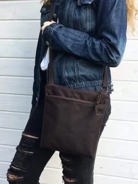 Dark Brown Waxed Canvas Cross Body Bag, Unisex Daybag | Aris Bags