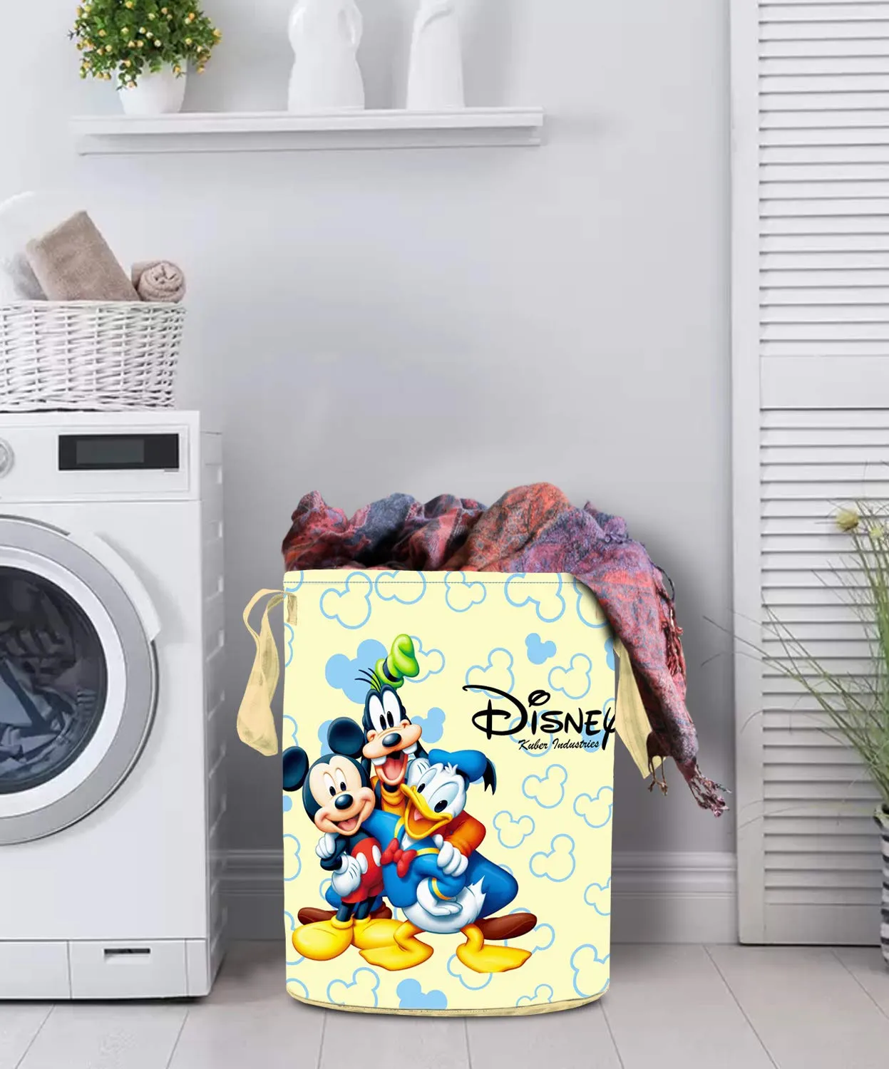 Fun Homes Disney Team Mickey Round Non Woven Fabric Foldable Laundry Basket, Toy Storage Basket, Cloth Storage Basket With Handles,45 Ltr (Cream)-FUNNHOM12049