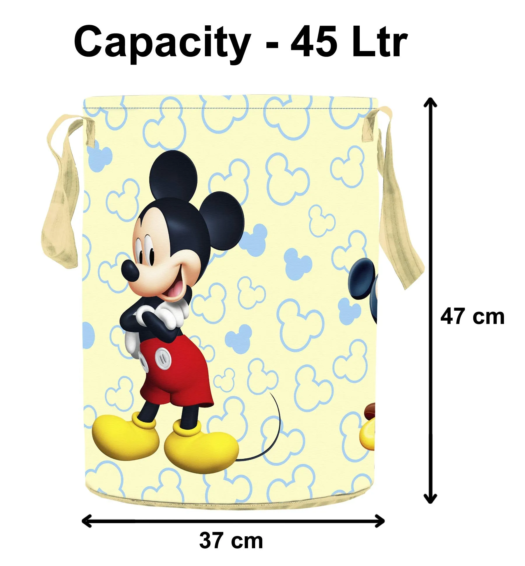 Fun Homes Disney Team Mickey Round Non Woven Fabric Foldable Laundry Basket, Toy Storage Basket, Cloth Storage Basket With Handles,45 Ltr (Cream)-FUNNHOM12049