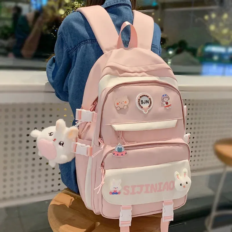 Girl Pink Harajuku Kawaii Badge Book Bag Women Travel School Bags Female Cute Nylon Laptop College Backpack Lady Student Fashion