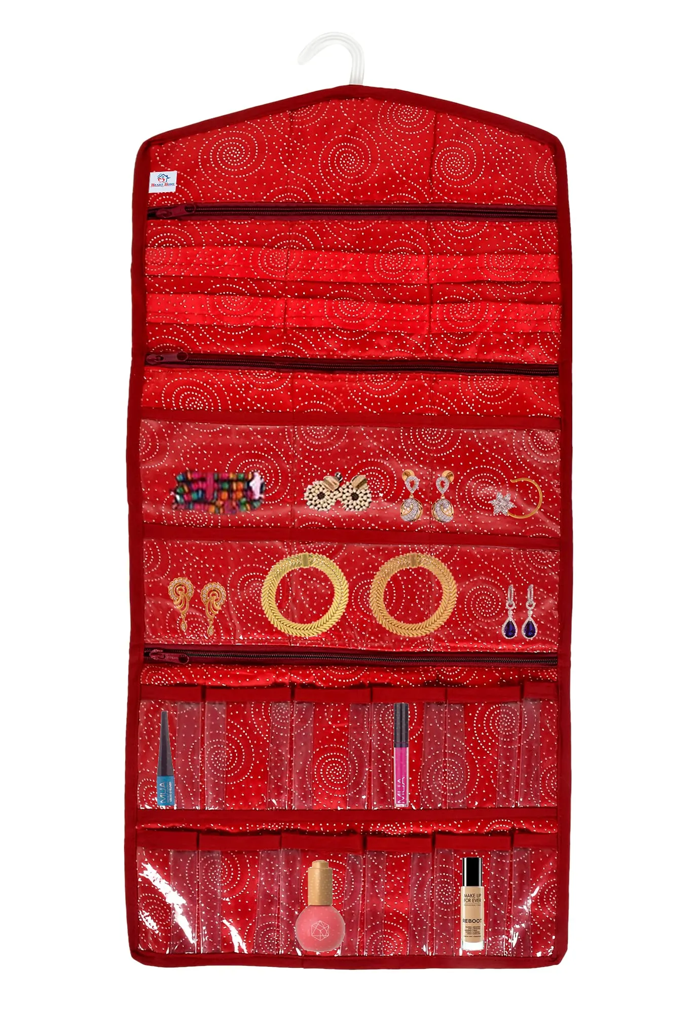 Heart Home Ambrose Hanging Jewellery Organizer For Storing Earrings Necklace Bracelet Ring Accessory With 18 Small Pockets & 3 Large Zipper Pockets With Plastic Hanger (Maroon)-HS_38_HEARTH21147