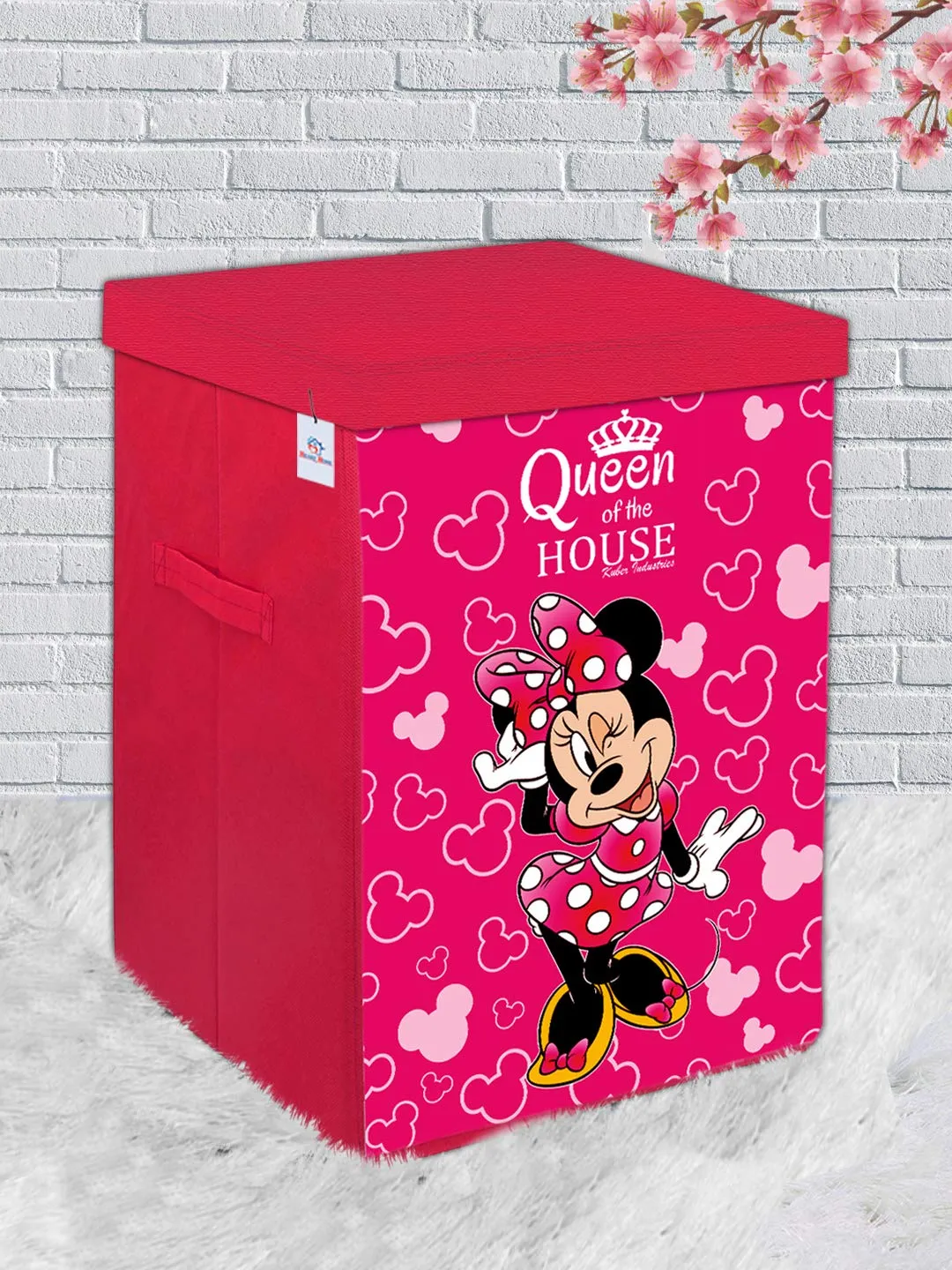 Heart Home Disney Minnie Print Non Woven Fabric Foldable Laundry Basket, Toy Storage Basket, Cloth Storage Basket With Lid & Handles (Set Of 2, Pink)-HHEART16286