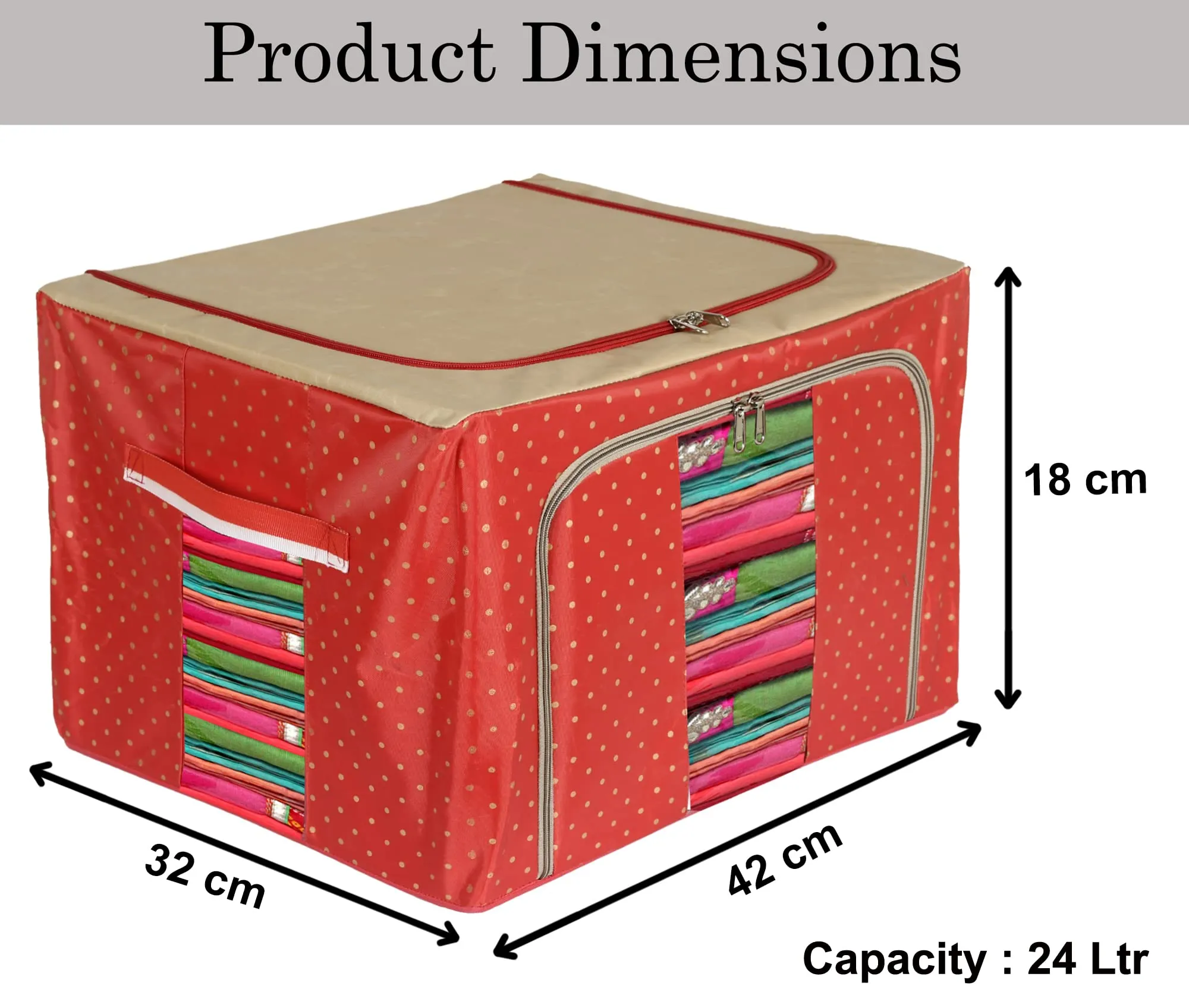 Heart Home Dot Printed Steel Frame Living Box, Closet Organizer, Cloth Storage Boxes for Wardrobe With Clear Window, 24Ltr. (Red & Brown)-44HH0214