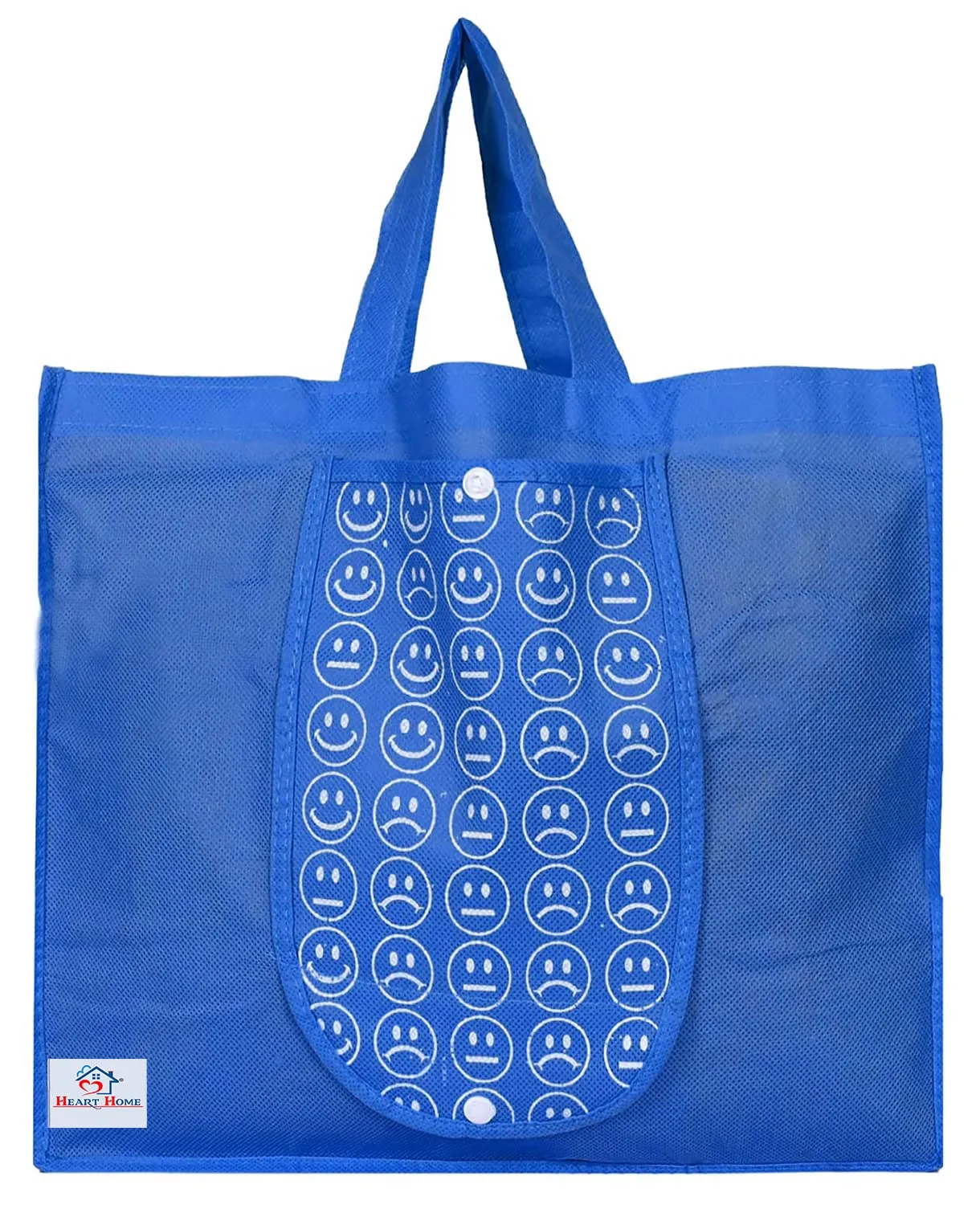 Heart Home Smiley Printed Foldable Non-Woven Grocery Shopping Bag with One Small Pocket- Pack of 2 (Blue) -45LUGHH067