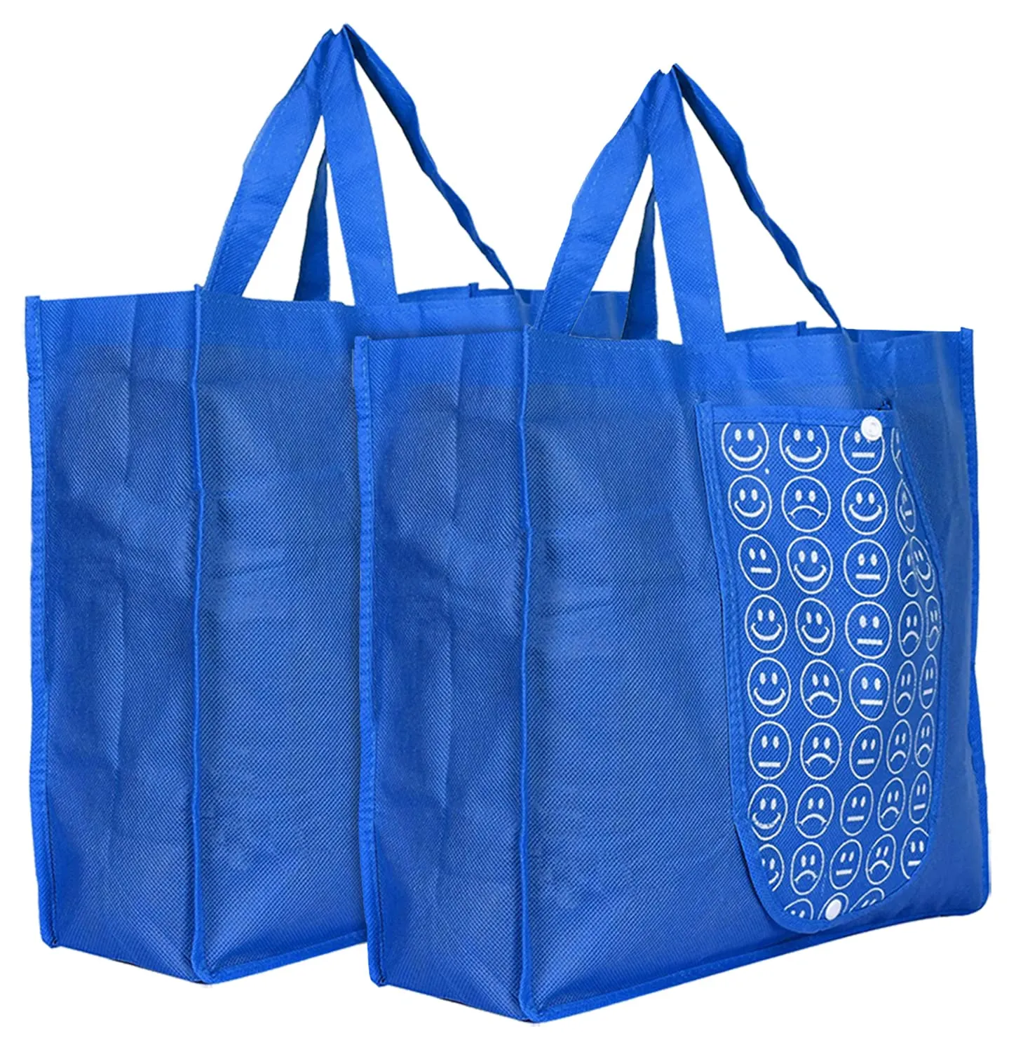 Heart Home Smiley Printed Foldable Non-Woven Grocery Shopping Bag with One Small Pocket- Pack of 2 (Blue) -45LUGHH067