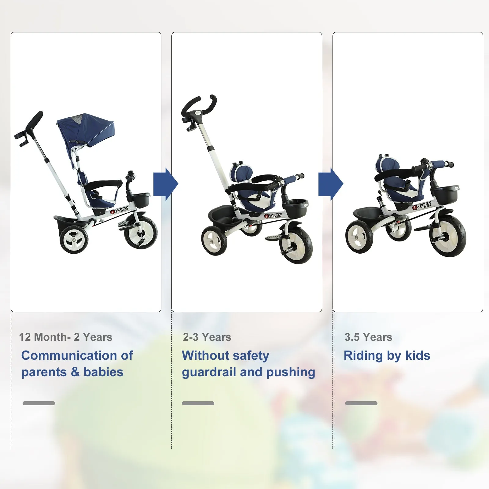 HOMCOM  Baby Tricycle Stroller with Handle- Blue