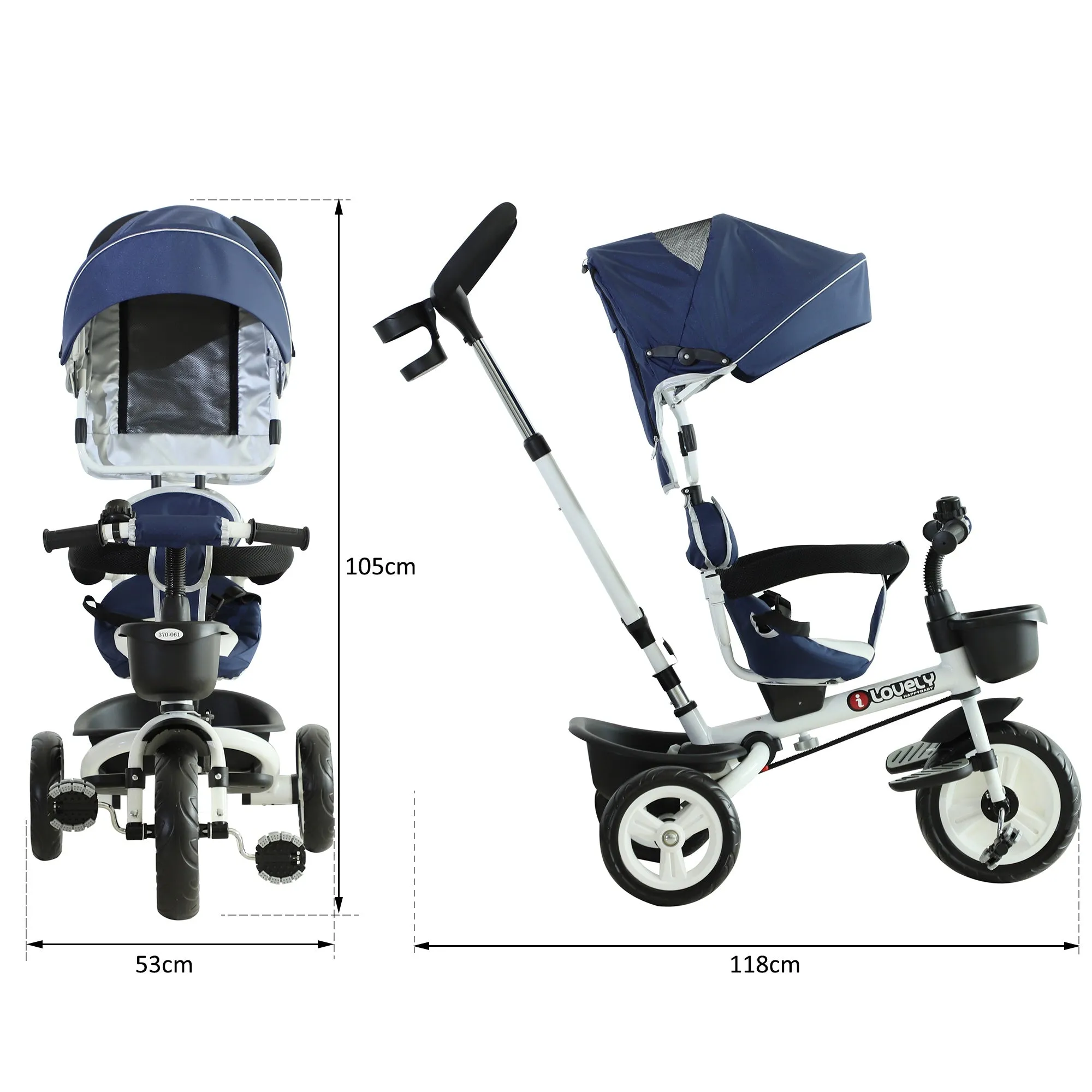 HOMCOM  Baby Tricycle Stroller with Handle- Blue