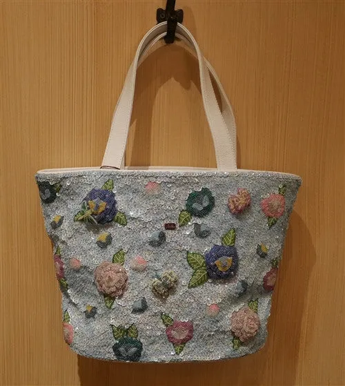 J L'huillier Blossoming Blue Rose Beaded Tote Bag