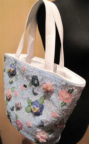 J L'huillier Blossoming Blue Rose Beaded Tote Bag