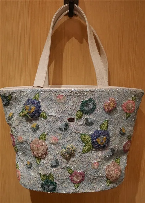 J L'huillier Blossoming Blue Rose Beaded Tote Bag