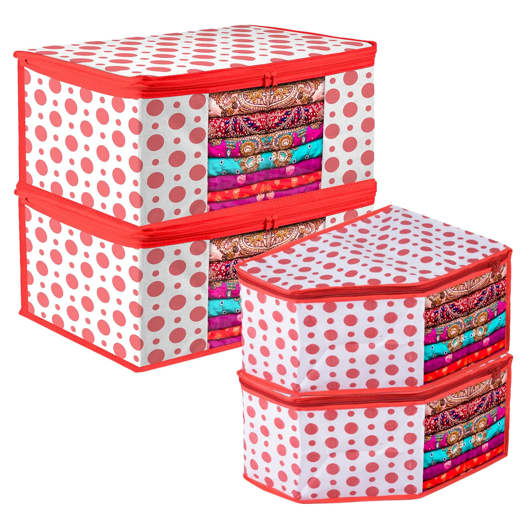 Kuber Industries Saree Cover & Blouse Cover Set | Saree & Blouse Organizer Combo Set | 2 Pieces Blouse & 2 Pieces Saree Cover Set | Zipper Closure | Dot-Design | Set of 4 | Red