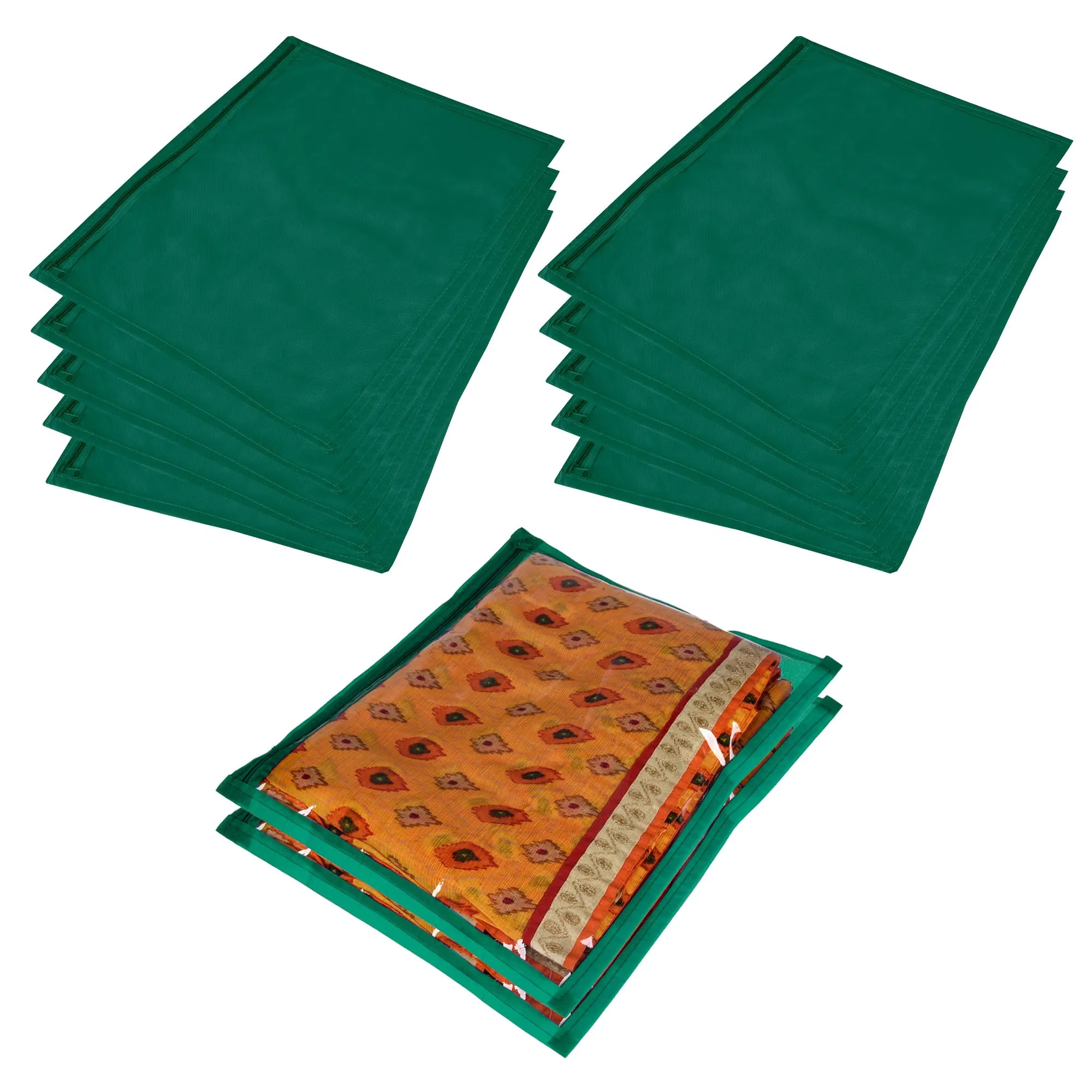 Kuber Industries Saree Cover | Clothes Storage Bag | Single Packing Saree with Zip Closure | Wardrobe Organizer | Cloth Stoarge Organizer | Plain Saree Cover | Pack of 12 | Green