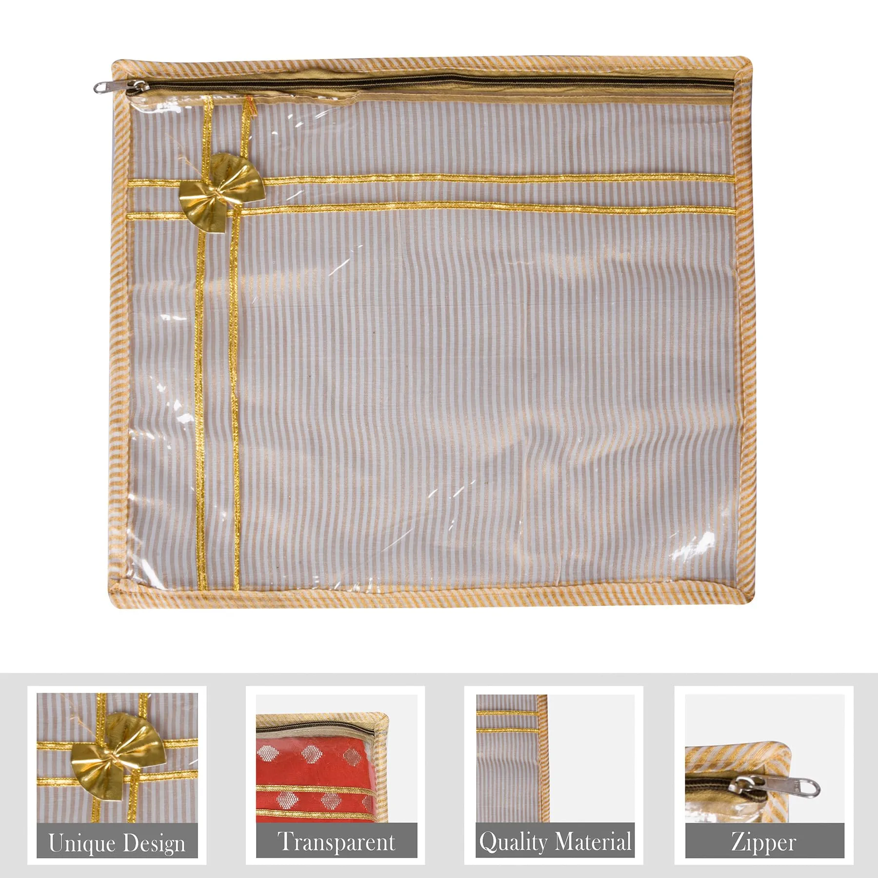 Kuber Industries Saree Cover | Clothes Storage Bag | Single Packing Saree with Zip Closure | Wardrobe Organizer | Cloth Stoarge Organizer | Tissue Lining Bow-Design | Pack of 12 | Golden