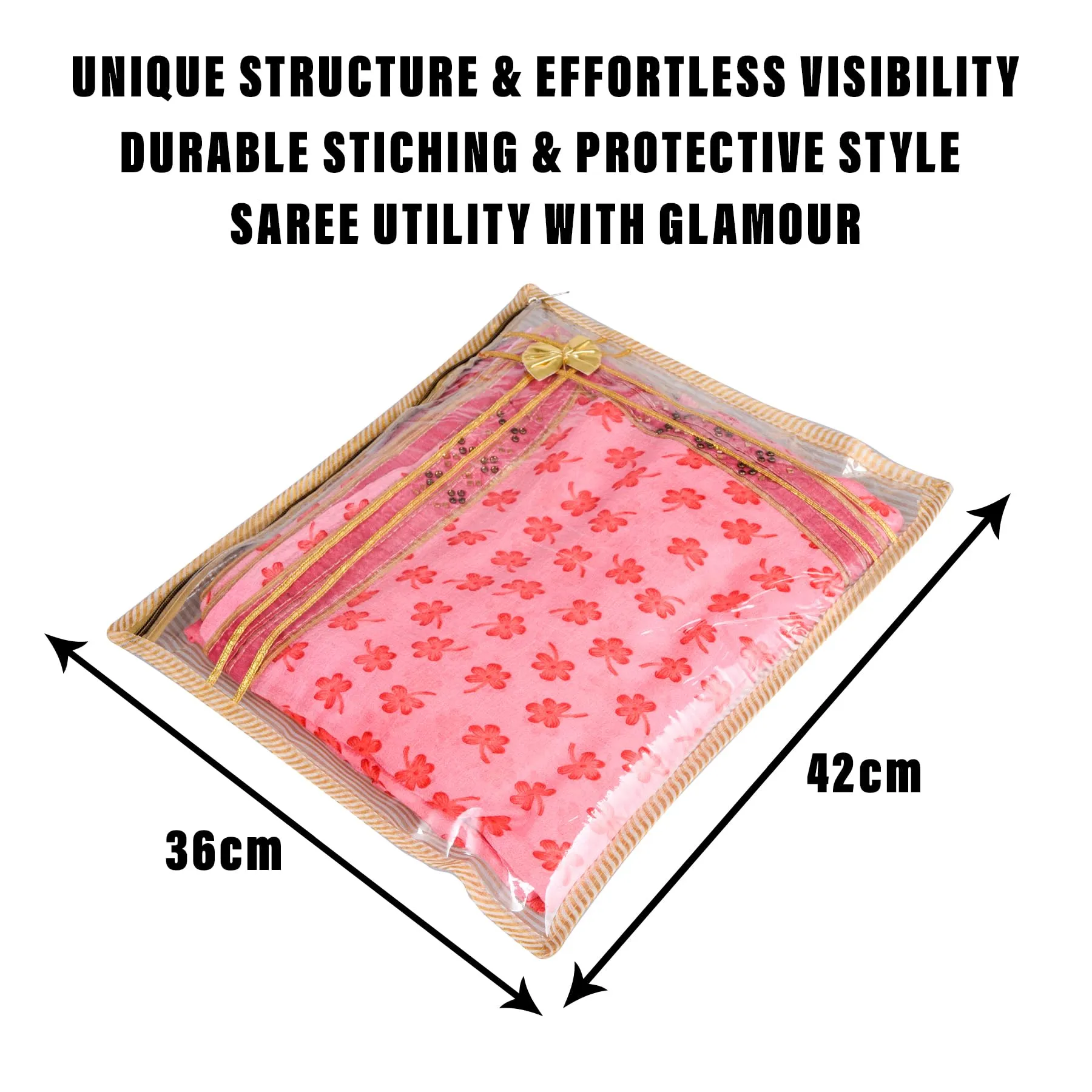 Kuber Industries Saree Cover | Clothes Storage Bag | Single Packing Saree with Zip Closure | Wardrobe Organizer | Cloth Stoarge Organizer | Tissue Lining Bow-Design | Pack of 12 | Golden