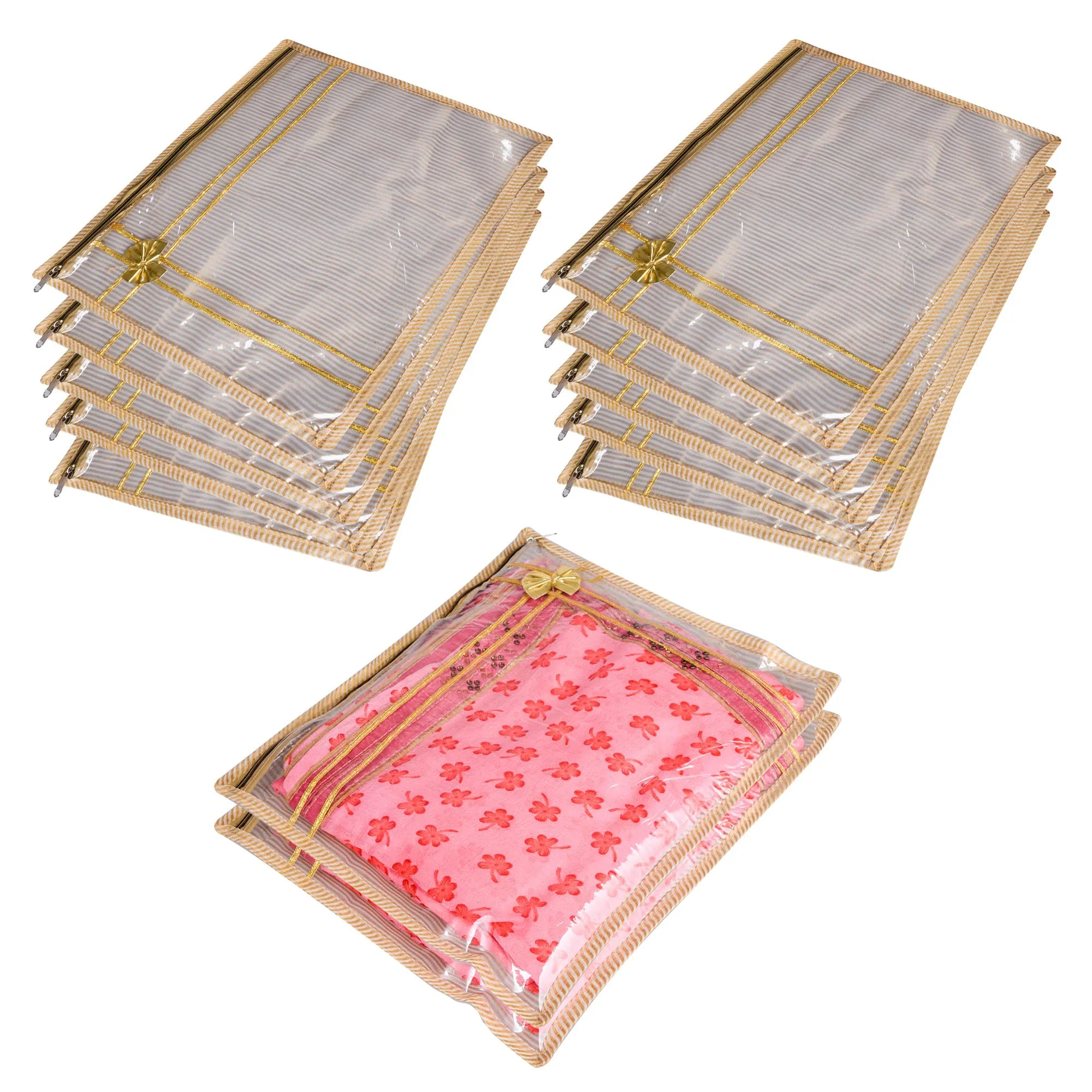 Kuber Industries Saree Cover | Clothes Storage Bag | Single Packing Saree with Zip Closure | Wardrobe Organizer | Cloth Stoarge Organizer | Tissue Lining Bow-Design | Pack of 12 | Golden