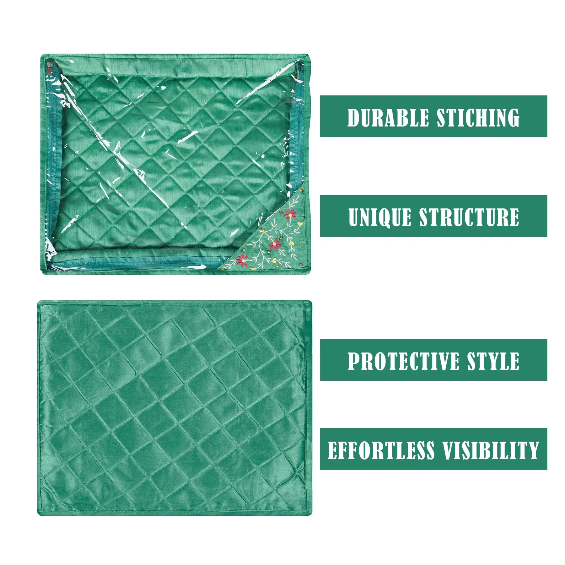 Kuber Industries Saree Cover | Clothes Storage Bag | Suit Packing Cover | Cloth Stoarge Organizer | Wardrobe Cloth Storage Organiser with Zip | Side Embroidery-Design | 3 Inch | Pack of 9 | Green