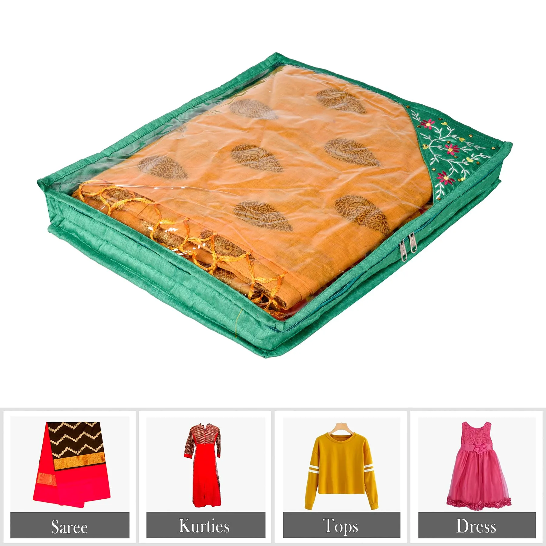 Kuber Industries Saree Cover | Clothes Storage Bag | Suit Packing Cover | Cloth Stoarge Organizer | Wardrobe Cloth Storage Organiser with Zip | Side Embroidery-Design | 3 Inch | Pack of 9 | Green