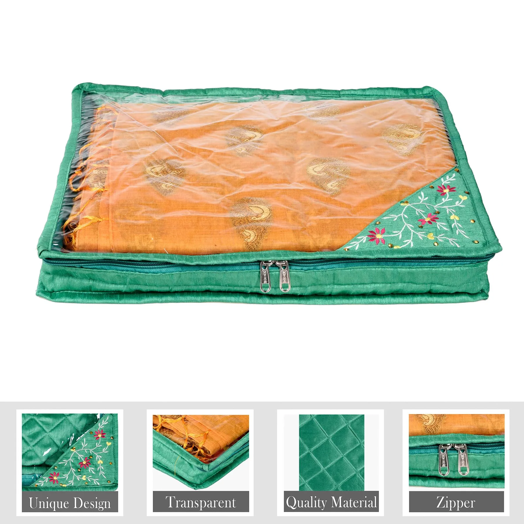 Kuber Industries Saree Cover | Clothes Storage Bag | Suit Packing Cover | Cloth Stoarge Organizer | Wardrobe Cloth Storage Organiser with Zip | Side Embroidery-Design | 3 Inch | Pack of 9 | Green