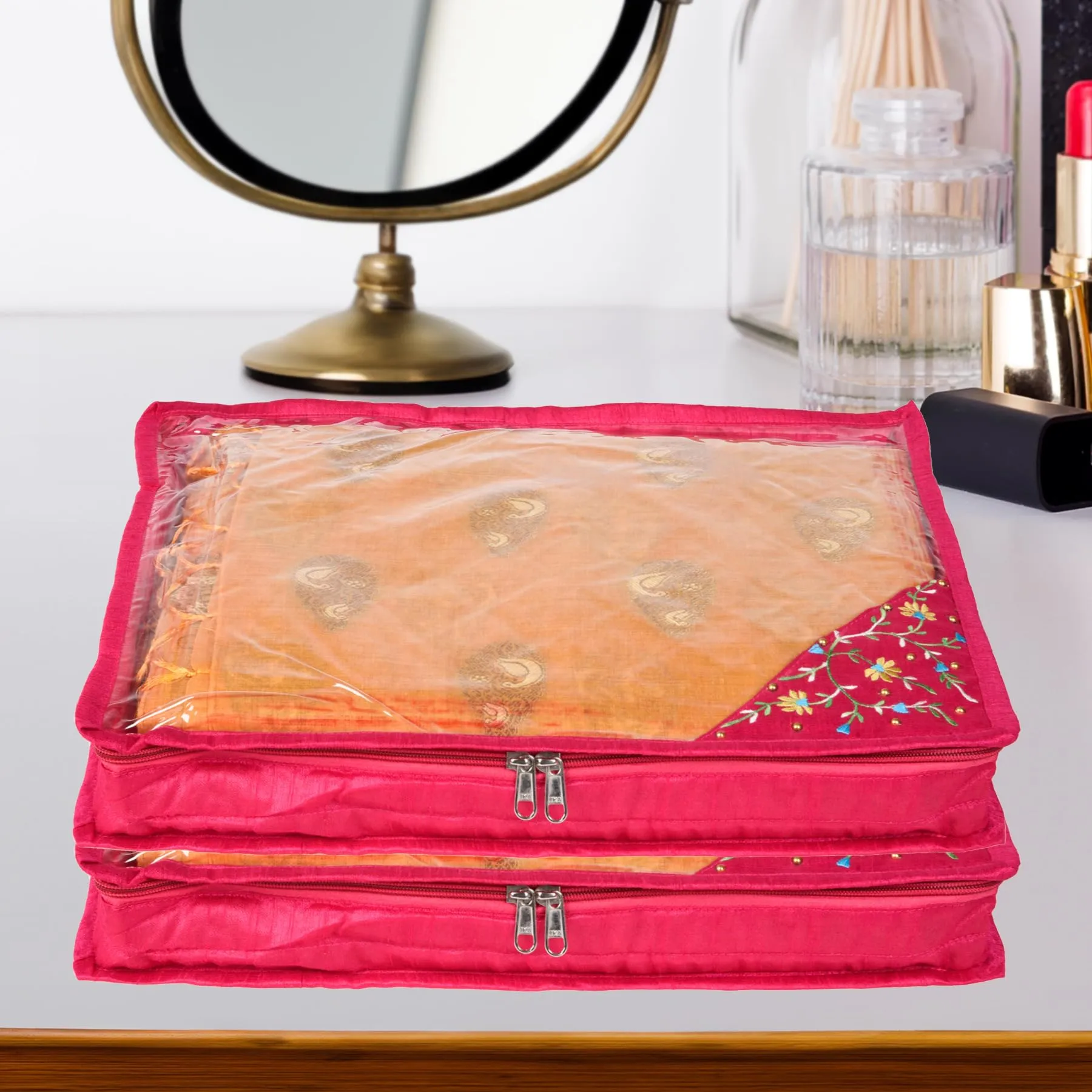 Kuber Industries Saree Cover | Clothes Storage Bag | Suit Packing Cover | Cloth Stoarge Organizer | Wardrobe Cloth Storage Organiser with Zip | Side Embroidery-Design | 3 Inch | Pack of 9 | Pink