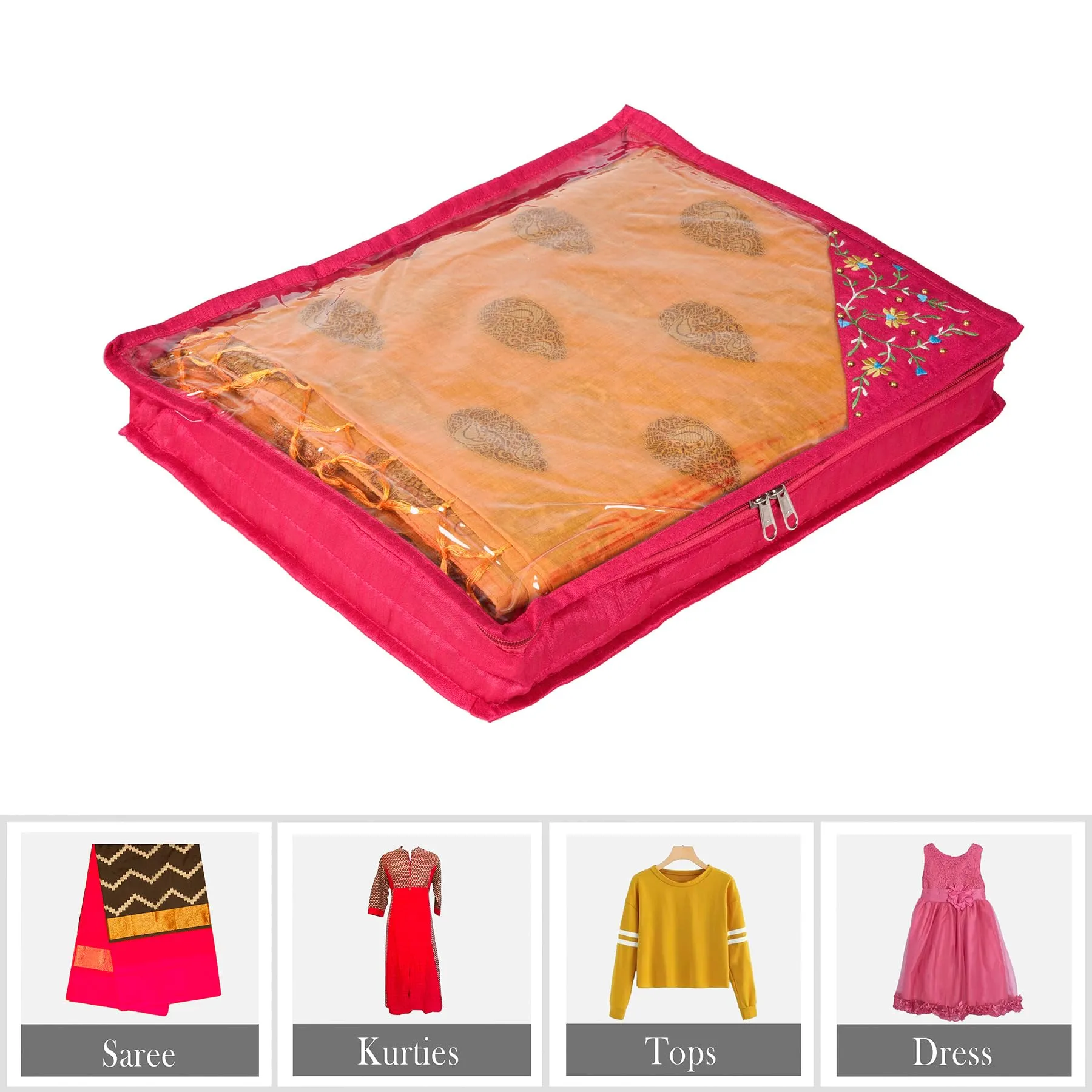 Kuber Industries Saree Cover | Clothes Storage Bag | Suit Packing Cover | Cloth Stoarge Organizer | Wardrobe Cloth Storage Organiser with Zip | Side Embroidery-Design | 3 Inch | Pack of 9 | Pink