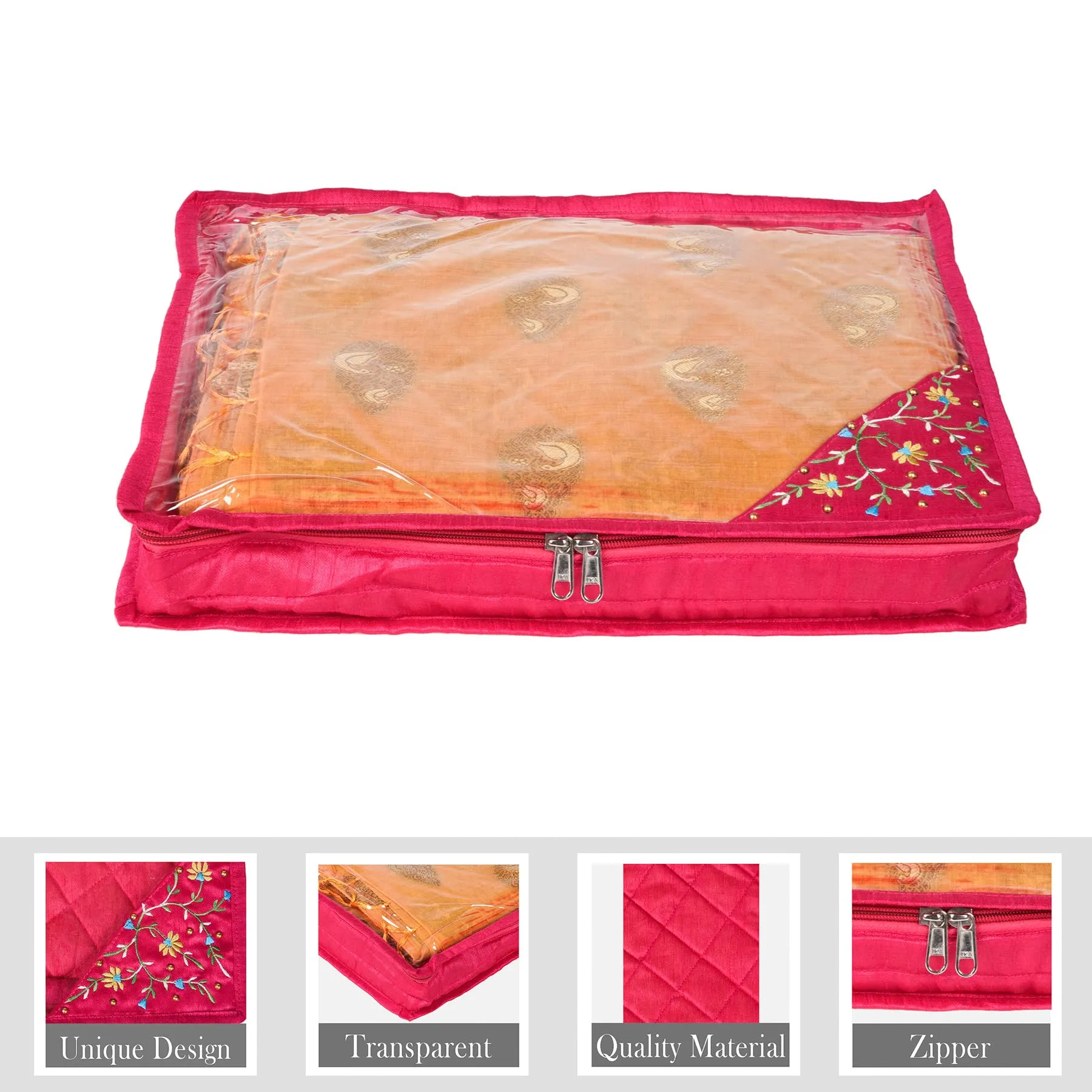 Kuber Industries Saree Cover | Clothes Storage Bag | Suit Packing Cover | Cloth Stoarge Organizer | Wardrobe Cloth Storage Organiser with Zip | Side Embroidery-Design | 3 Inch | Pack of 9 | Pink