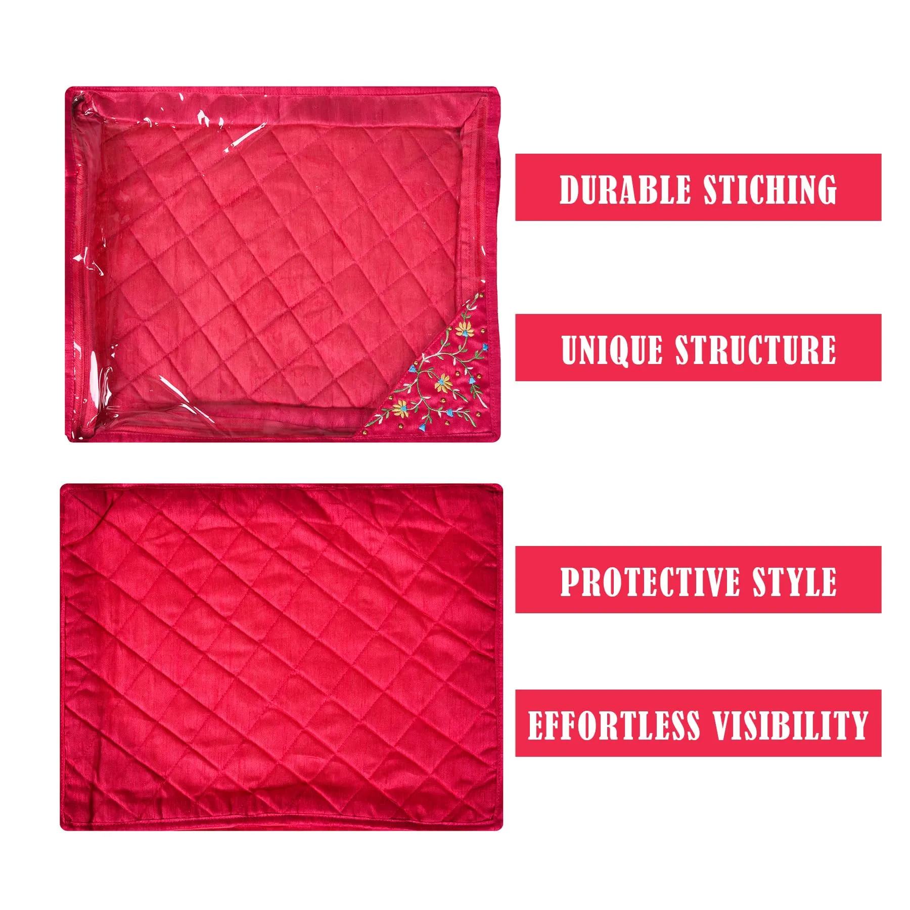 Kuber Industries Saree Cover | Clothes Storage Bag | Suit Packing Cover | Cloth Stoarge Organizer | Wardrobe Cloth Storage Organiser with Zip | Side Embroidery-Design | 3 Inch | Pack of 9 | Pink