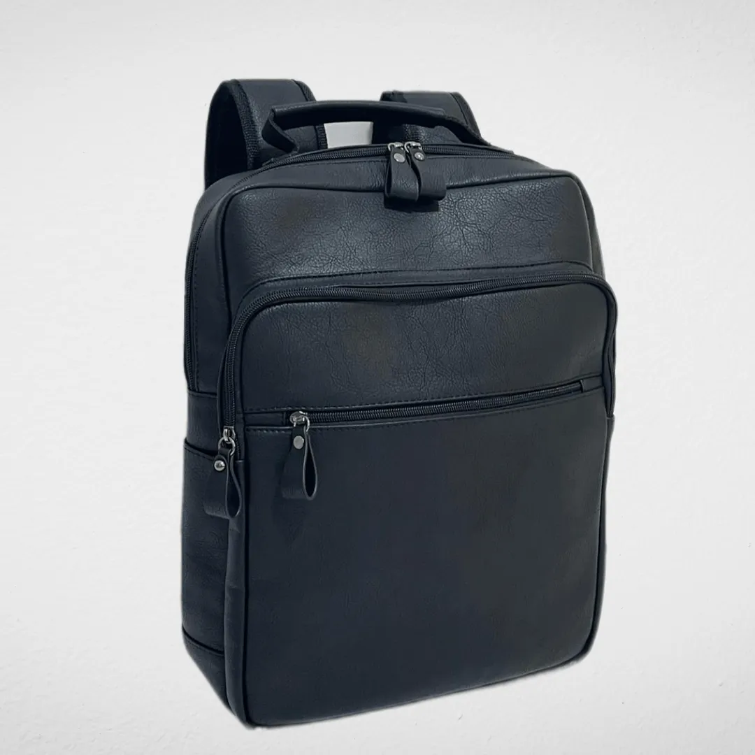 Laptop Leather Backpack- (Black) With Travel Bag Sleeve