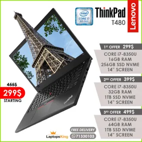 Lenovo Thinkpad T480 Core i7-8350u 14” Laptops (Open Box)