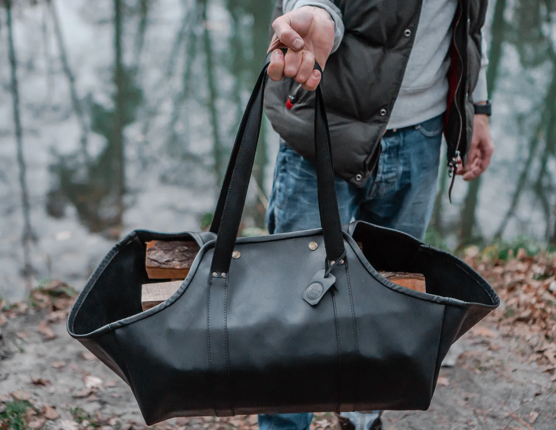 Log Firewood Carrier with sides | Black Log Tote Bag | HandMade