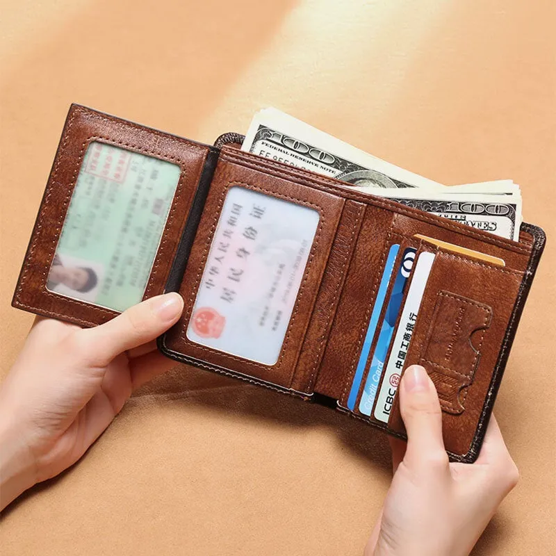 Men Genuine Leather RFID Anti-theft Multifunction Retro Large Capacity Foldable Card Holder Wallet