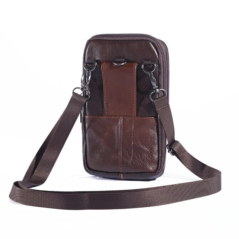 Menico Men's Genuine Leather Outdoor Casual Waist Bag Mobile Phone Organizer Three-Zip Multifunctional Messenger Bag