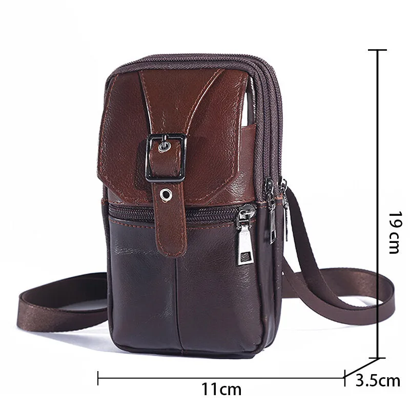 Menico Men's Genuine Leather Outdoor Casual Waist Bag Mobile Phone Organizer Three-Zip Multifunctional Messenger Bag