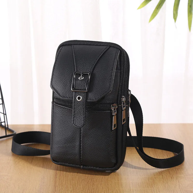 Menico Men's Genuine Leather Outdoor Casual Waist Bag Mobile Phone Organizer Three-Zip Multifunctional Messenger Bag