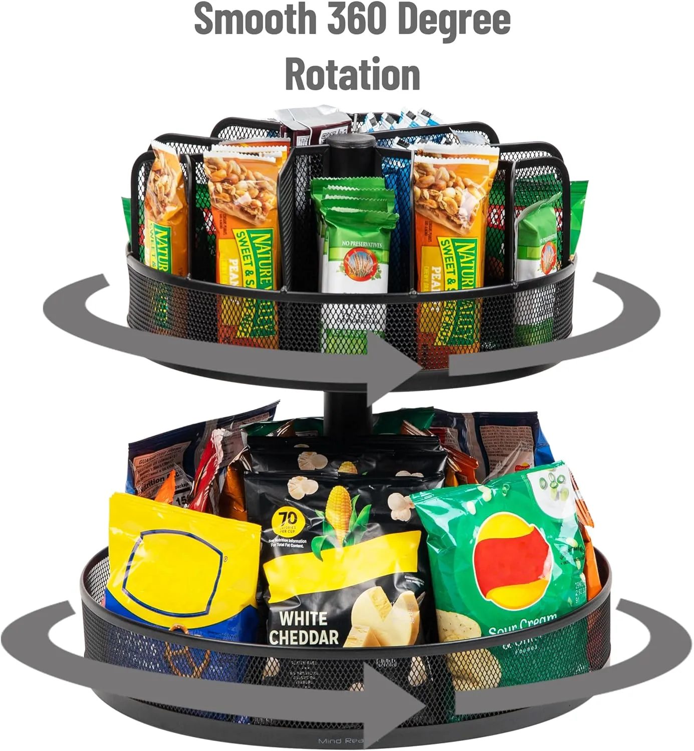 Mind Reader 2-Tier Snack Carousel, Countertop Organizer, Snack Tray, Breakroom, Kitchen, 14.25"L x 14.25"W x 14"H, Black