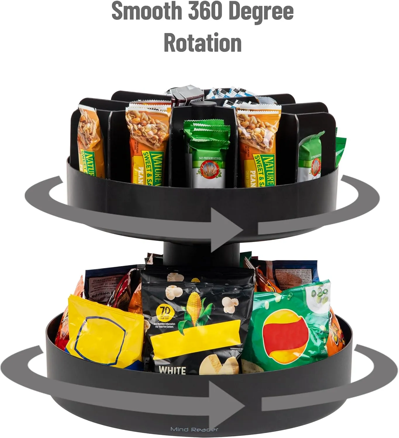 Mind Reader 2-Tier Snack Carousel, Countertop Organizer, Snack Tray, Breakroom, Kitchen, 14.25"L x 14.25"W x 14"H, Black