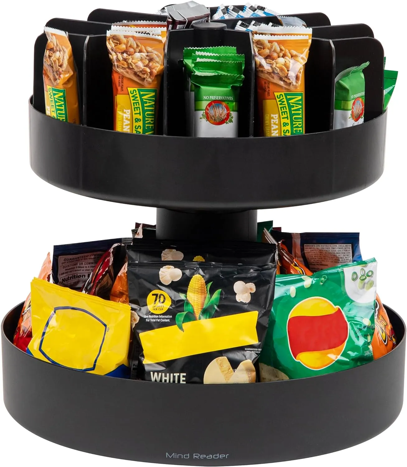 Mind Reader 2-Tier Snack Carousel, Countertop Organizer, Snack Tray, Breakroom, Kitchen, 14.25"L x 14.25"W x 14"H, Black