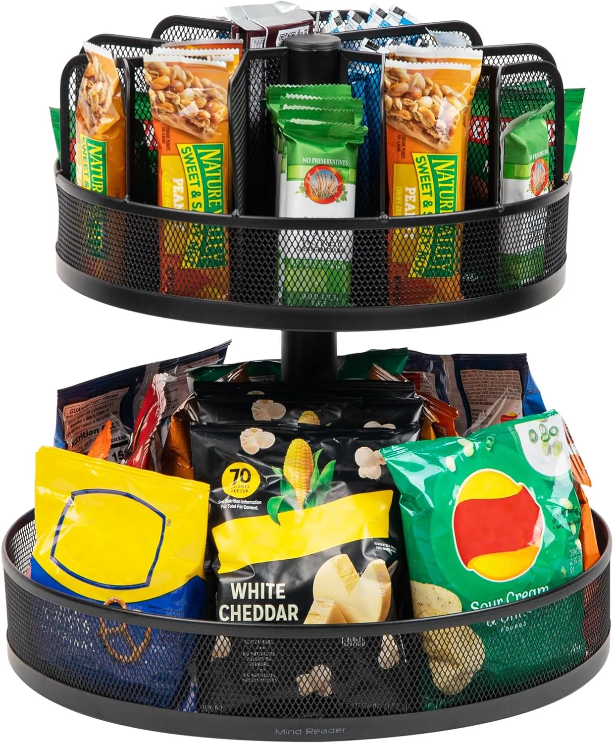 Mind Reader 2-Tier Snack Carousel, Countertop Organizer, Snack Tray, Breakroom, Kitchen, 14.25"L x 14.25"W x 14"H, Black