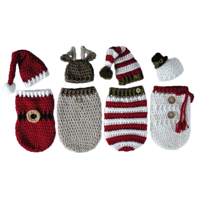 Newborn Baby Crochet Knitted Photography Wrap Christmas Bebe Santa Elk Sleeping Bag   Hat Xmas Costumes Photo Props Accessories