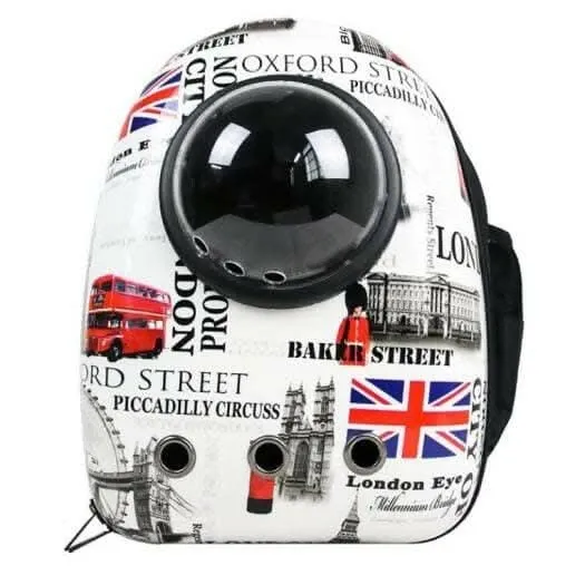 PetGains PGGI Space Pet Backpack: Pet Transport Travel Astronaut Carrier Bag with Multiple Air Vents (White London Print)